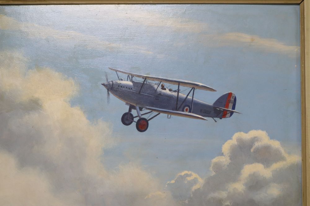 Roy A. Nockolds (1911-1979), oil on board, Hawker Fury bi-plane in flight, signed, 24 x 34cm